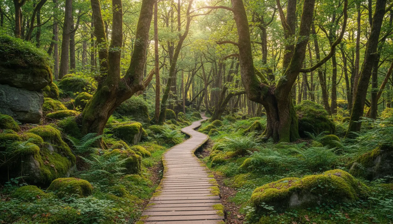 Een pad van houten planken dat door een bos slingert