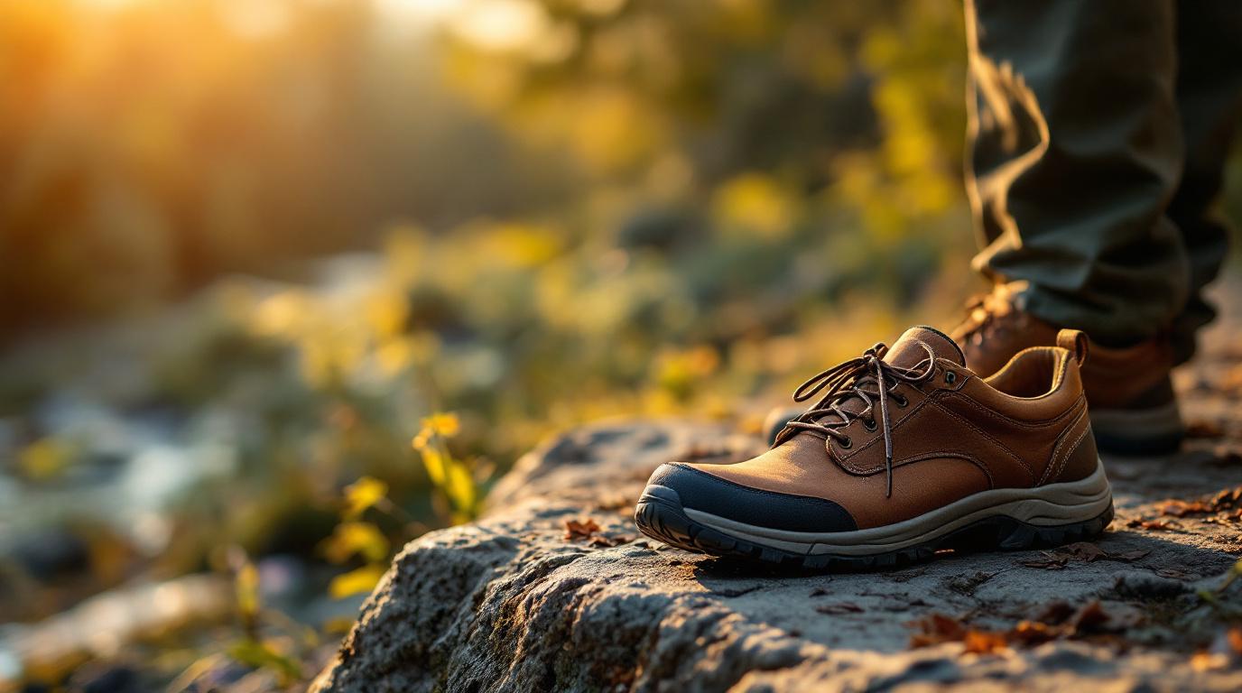 Close-up van een paar goed ingelopen wandelschoenen en een herbruikbare waterfles