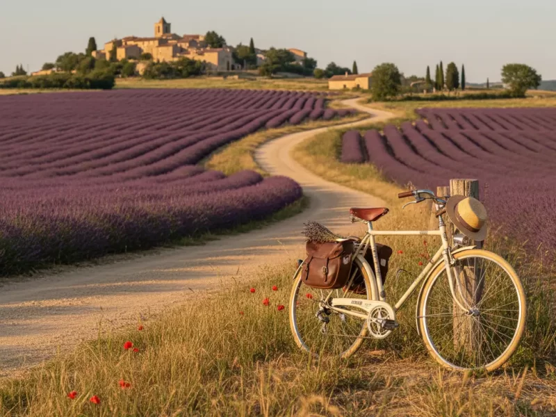 Een vintage toerfiets geparkeerd langs een landweggetje.