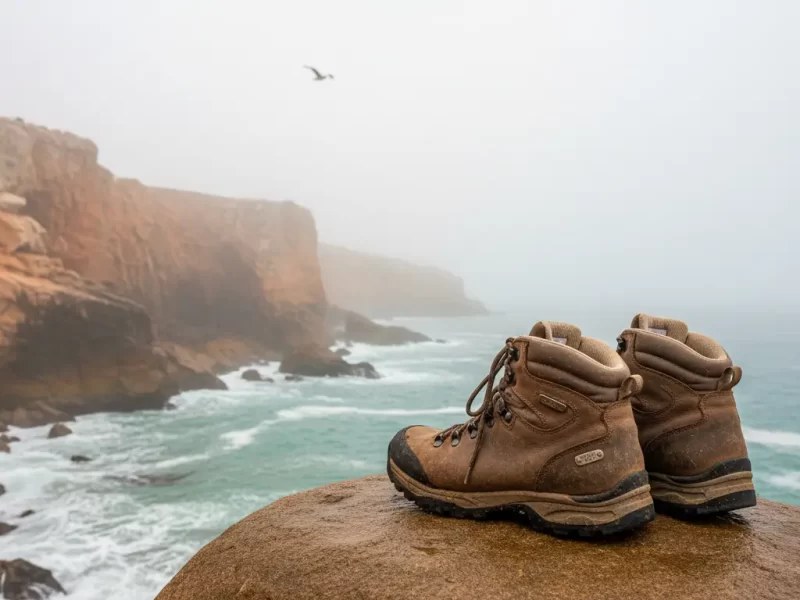 Een paar stevige, ingelopen wandelschoenen die op een gladde rots aan de kust staan.