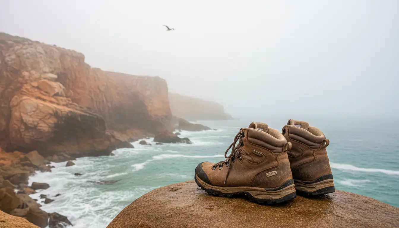 Een paar stevige, ingelopen wandelschoenen die op een gladde rots aan de kust staan.