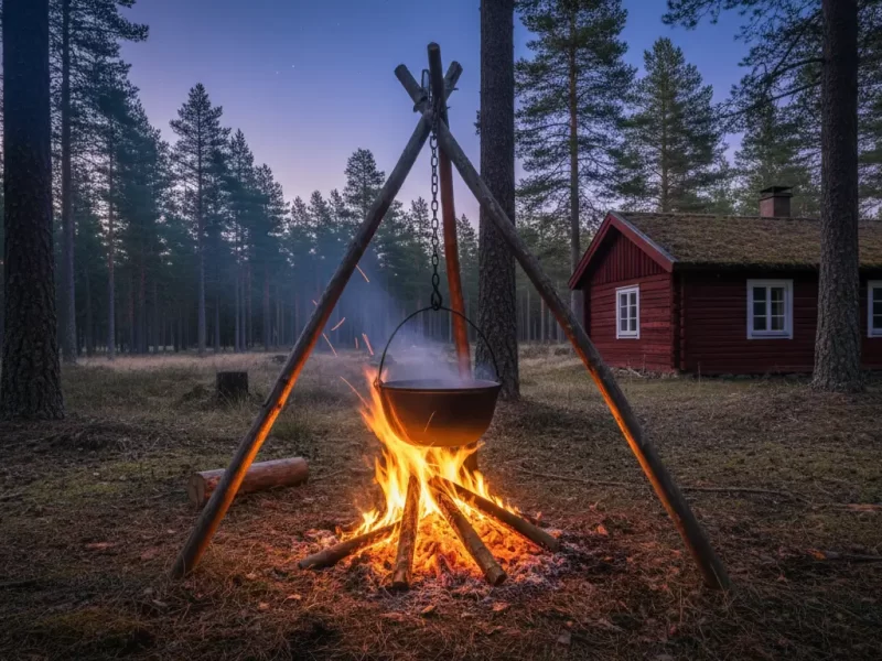 Een brandend kampvuur met een gietijzeren pot die erboven hangt, bereid voor het koken.