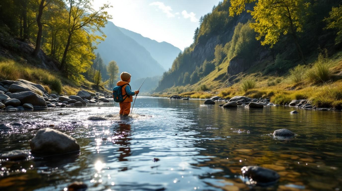 Kind met een klein schepnet observeert waterdiertjes in een ondiepe rivier.