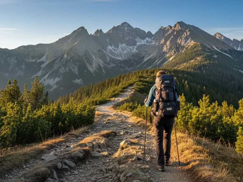 Een wandelaar met een rugzak, van achteren gefotografeerd.