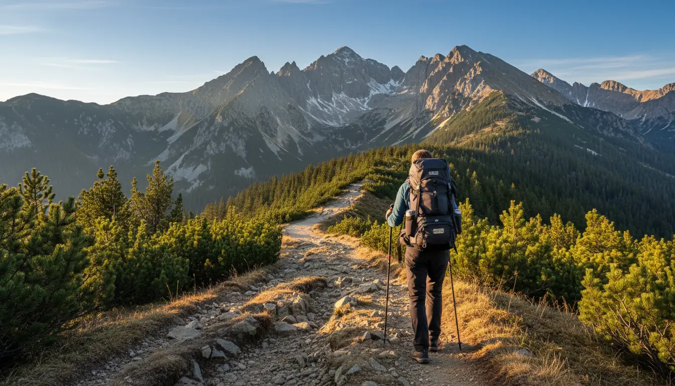 Een wandelaar met een rugzak, van achteren gefotografeerd.