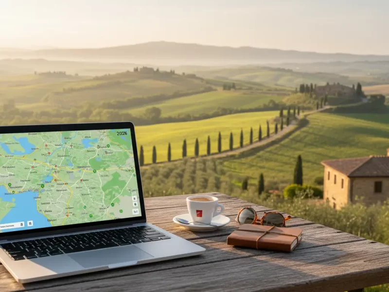 Een geopende laptop met een digitale kaart van Toscane op het scherm.