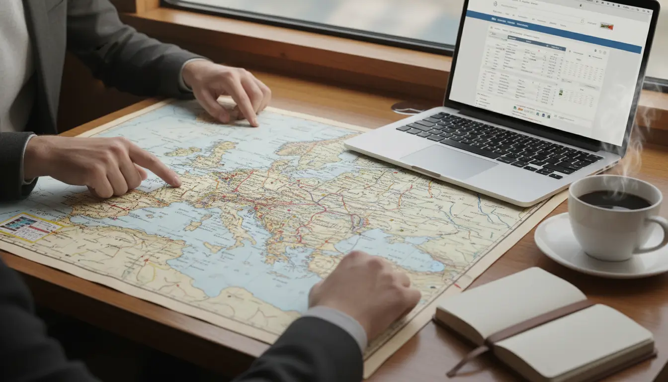 Een paar handen die een gedetailleerde Europese treinkaart bestuderen