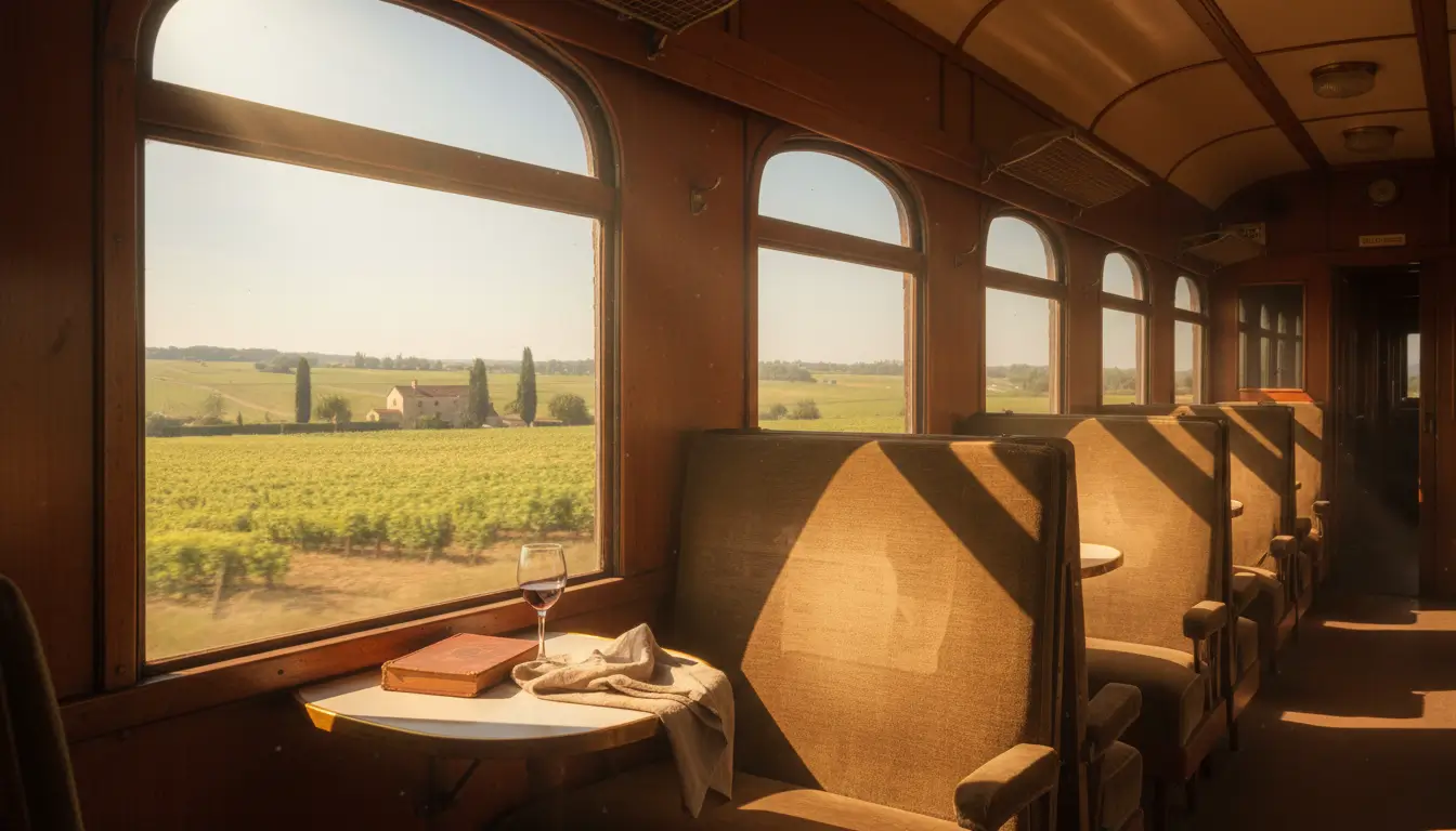 Een vintage treinwagon interieur met grote ramen