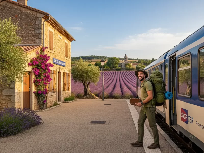 Backpacker stapt van een trein op perron.