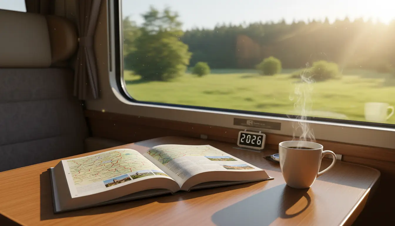Een open reisgids van Midden-Europa die rust op een treintafel naast een kop koffie.