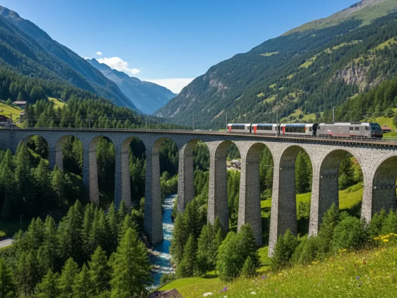 Een majestueuze trein die over een stenen viaduct rijdt.