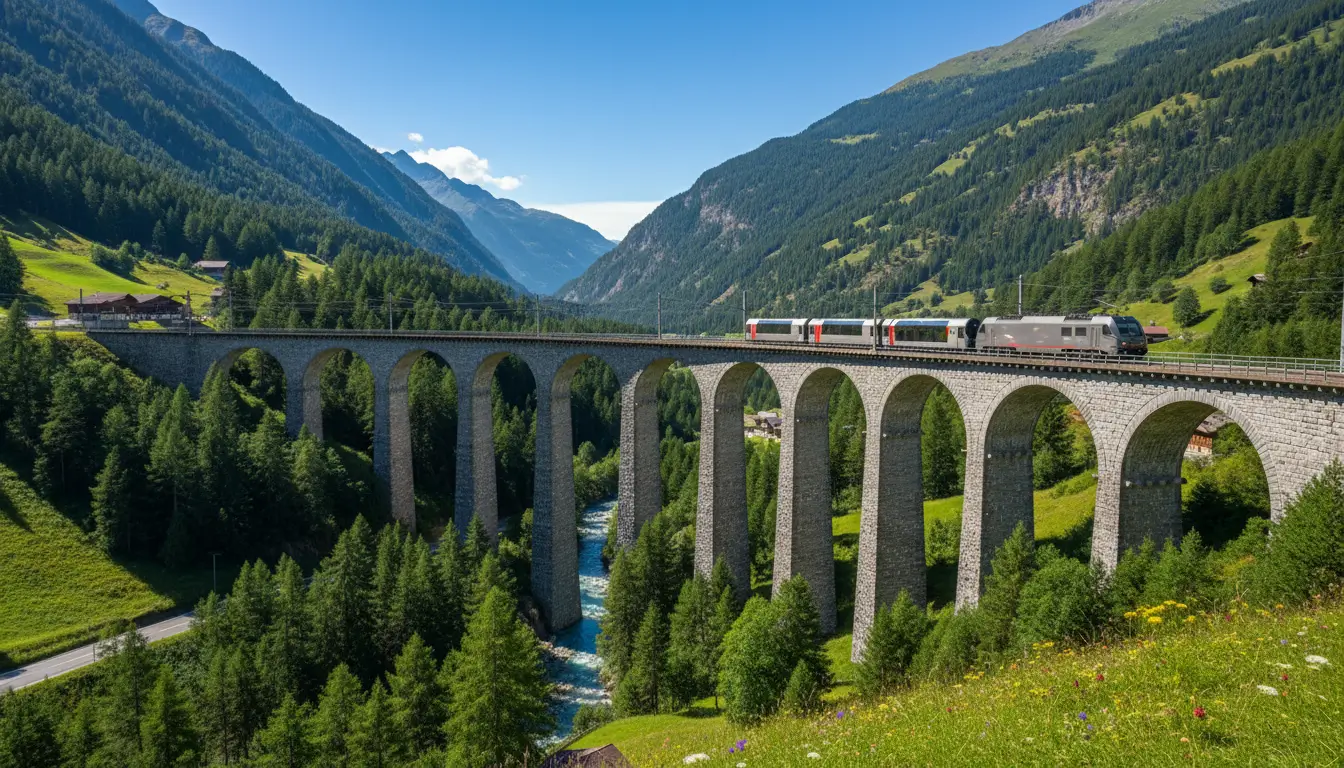 Een majestueuze trein die over een stenen viaduct rijdt.