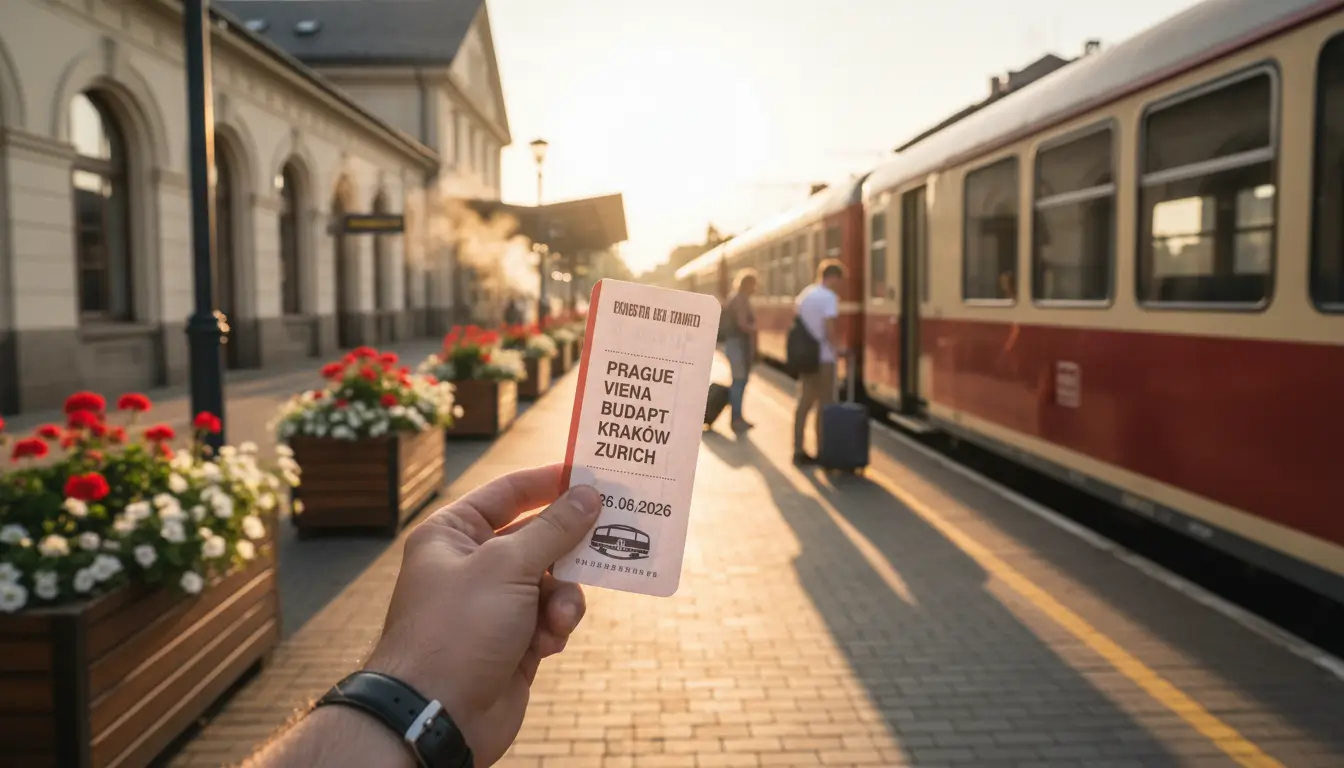 Een hand die een treinkaartje met bestemmingen in Centraal-Europa vasthoudt.