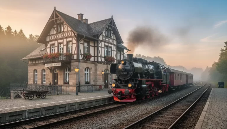 Een historisch stoomtreinlocomotief die langzaam een charmant Duits stationsgebouw nadert.
