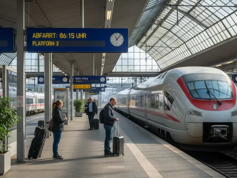 Een rustig perron van een middelgroot, schoon Duits treinstation.