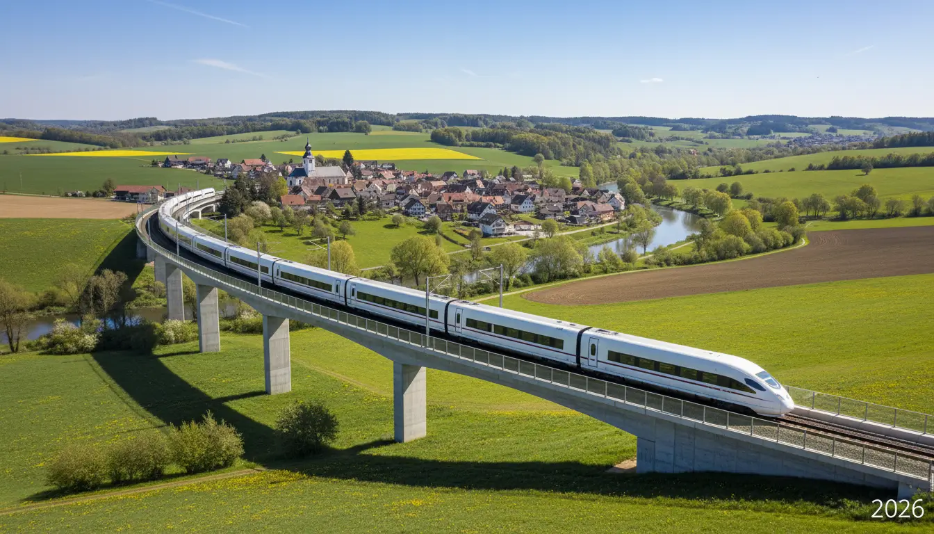 Een moderne hogesnelheidstrein (ICE) die over een viaduct rijdt.