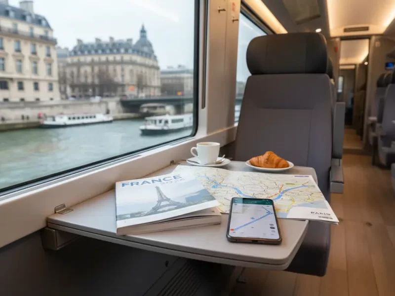 Een open reisgids van Frankrijk en een smartphone.