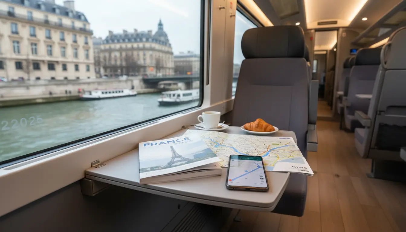 Een open reisgids van Frankrijk en een smartphone.