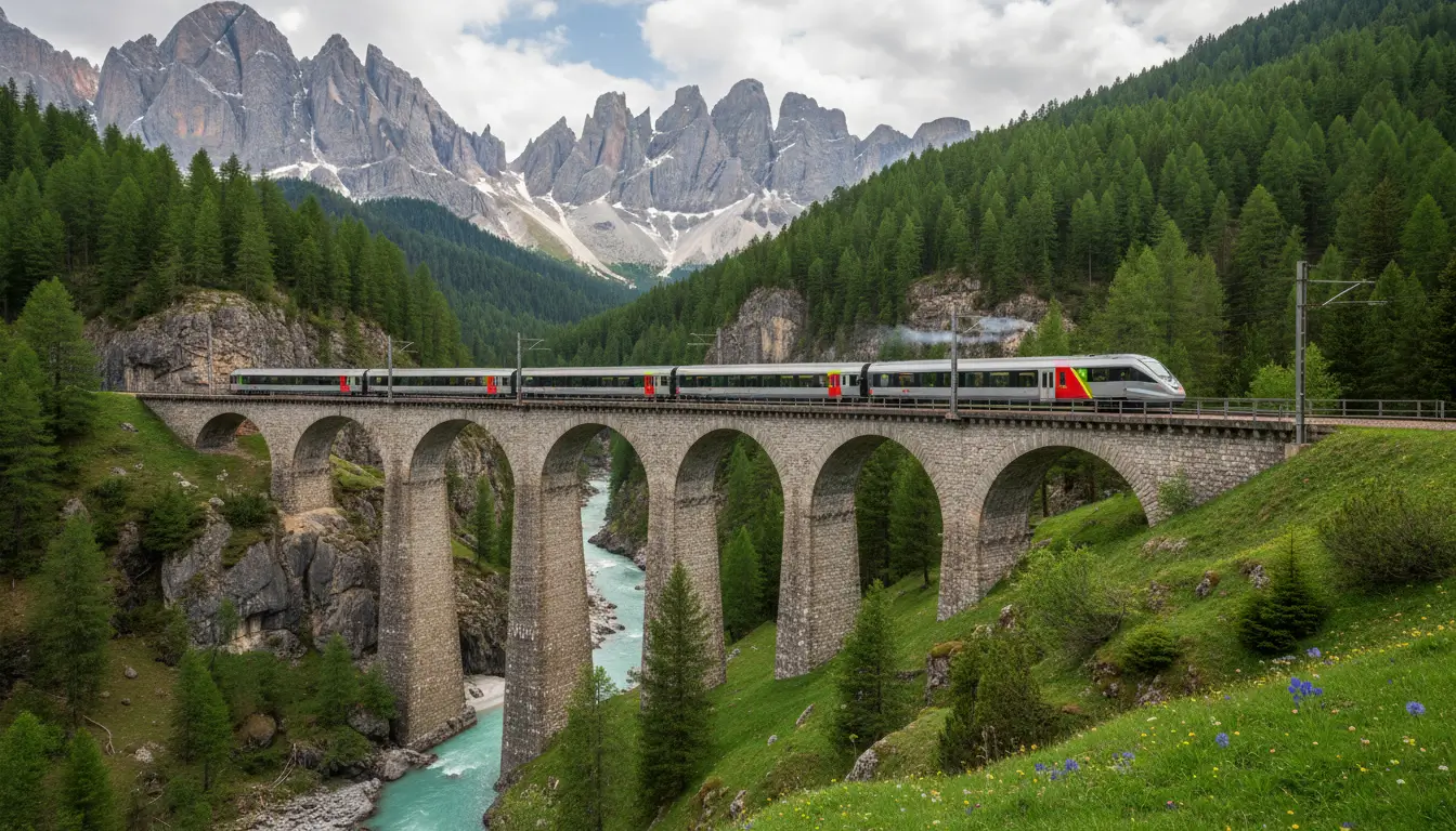 A historic stone railway bridge or viaduct with a passenger train crossing it.