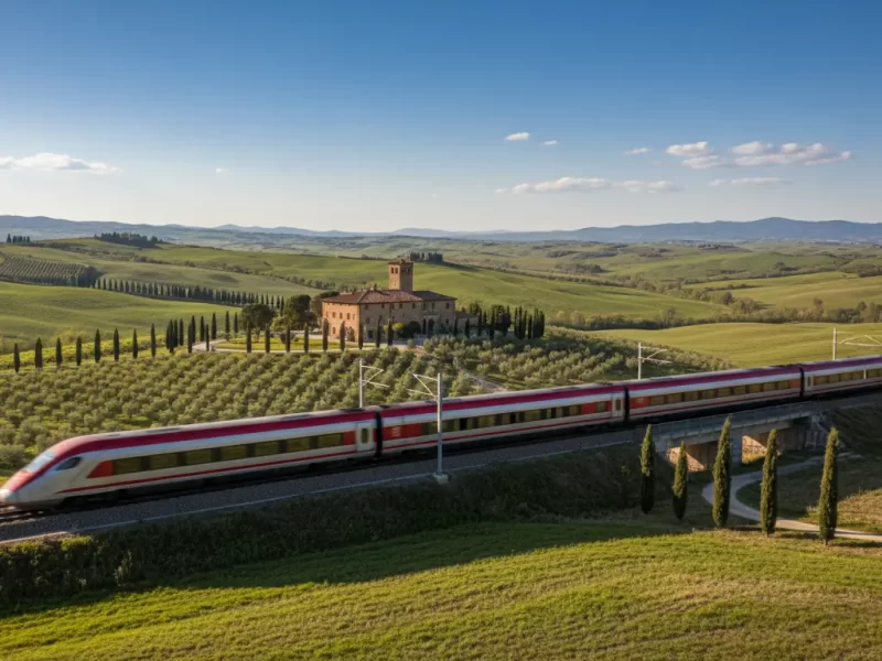 Een moderne hogesnelheidstrein (bijv. Frecciarossa) die door het landschap rijdt.