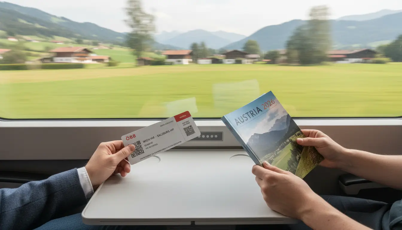 Een close-up van handen die een treinkaartje en een reisgids van Oostenrijk vasthouden.