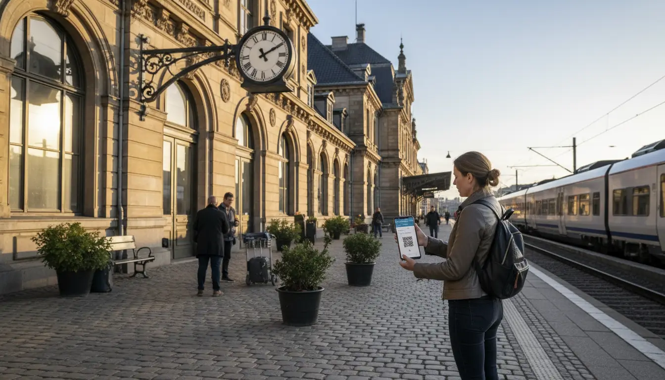 Een reiziger die de digitale treintickets op een smartphone controleert.
