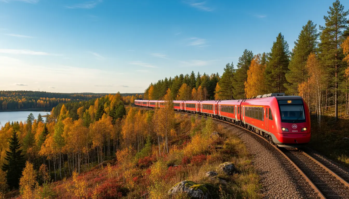 Een lange, rode passagierstrein die over een spoorlijn slingert.