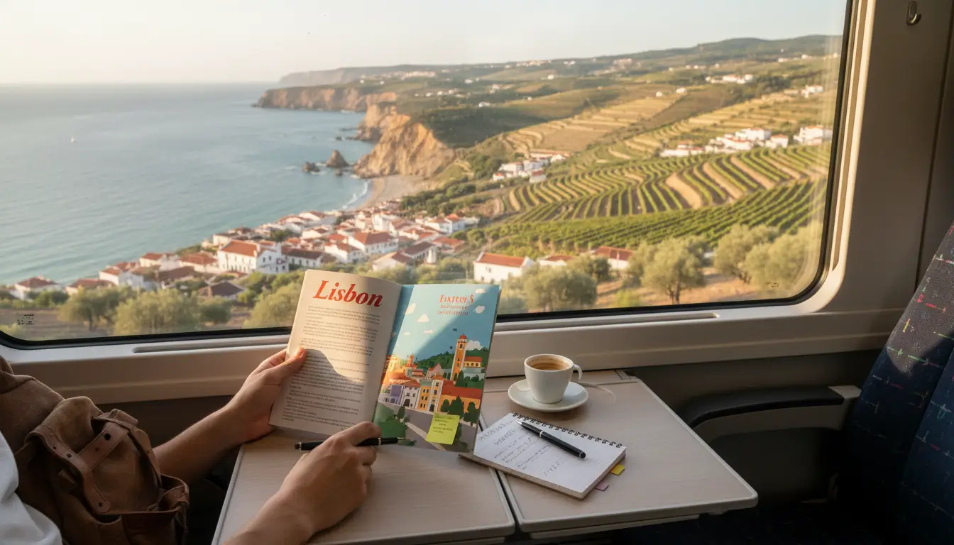 De handen van een reiziger die een reisgids en pen vasthouden