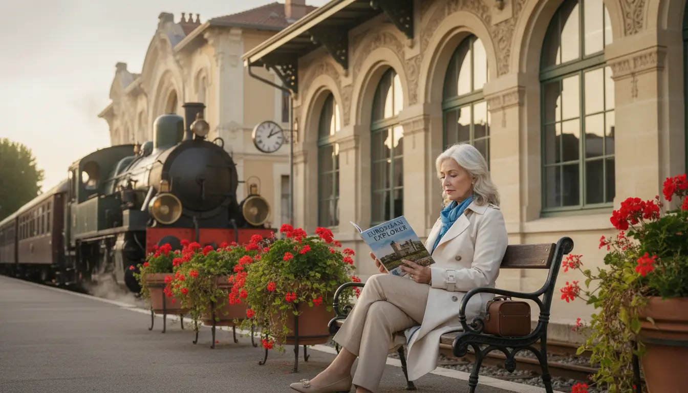 Een senior dame leest een reisgids, zittend op een bankje