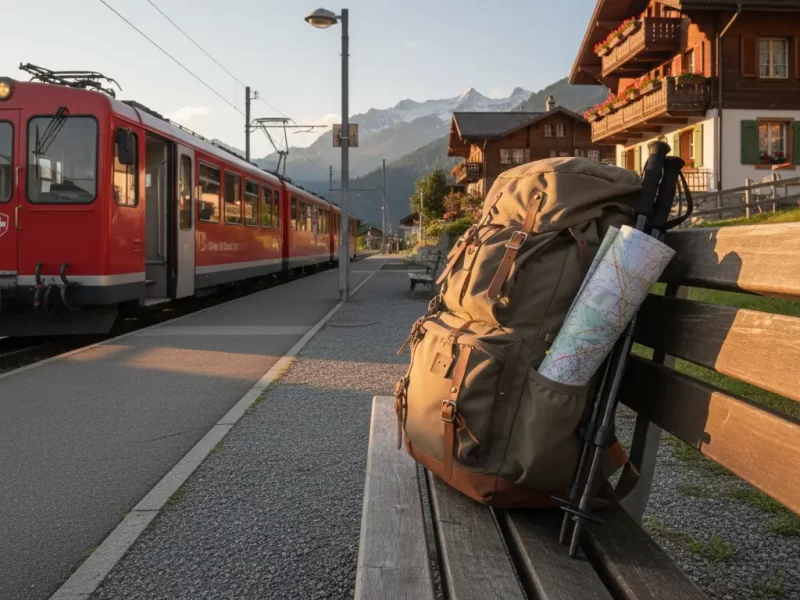 Een rugzak met wandelstokken en een kaart
