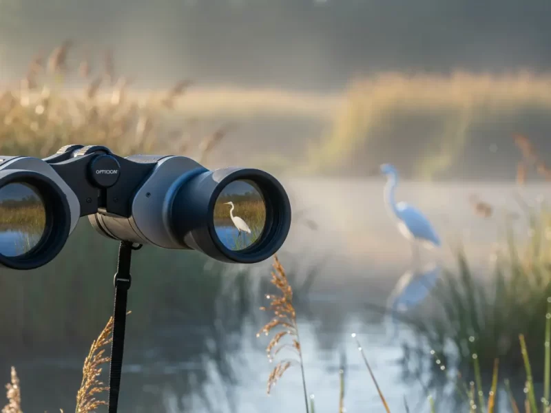 Een close-up van een hoogwaardige verrekijker, scherp gesteld op een verre vogel.