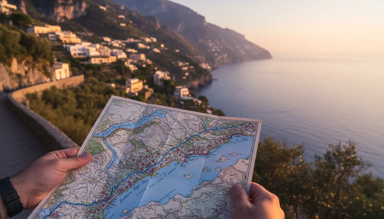 Een detailopname van twee handen die een traditionele papieren wandelkaart uitvouwen.