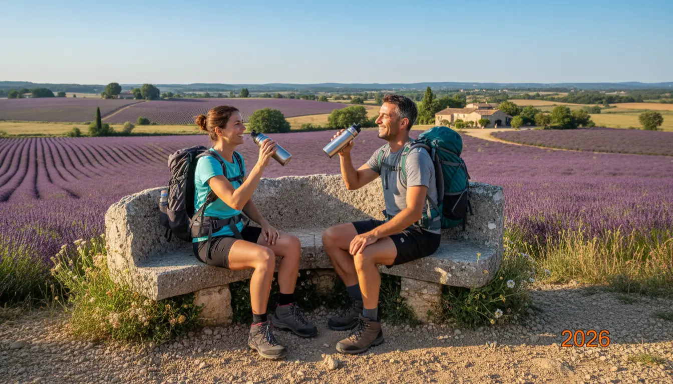 Twee wandelaars, een man en een vrouw, die lachend naar elkaar kijken terwijl ze water drinken uit hun waterflessen.
