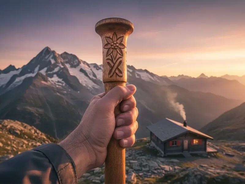 Een close-up van een hand die de houten top van een traditionele, handgesneden bergwandelstok vasthoudt.