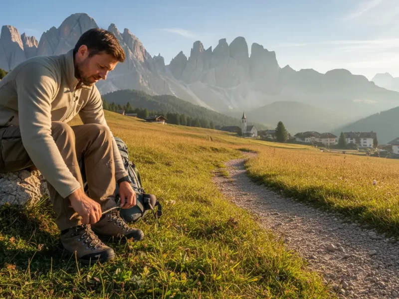 Een persoon in wandelkleding die zijn stevige wandelschoenen strikt.