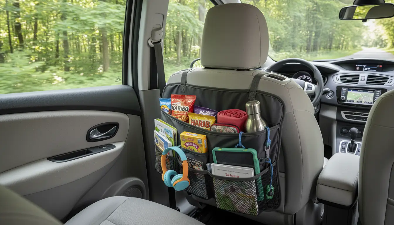 Een goed gevulde auto-organizer met snacks, een waterfles en kleine reisbenodigdheden