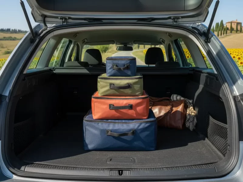 Drie gestapelde bagage organizers (packing cubes) in verschillende maten