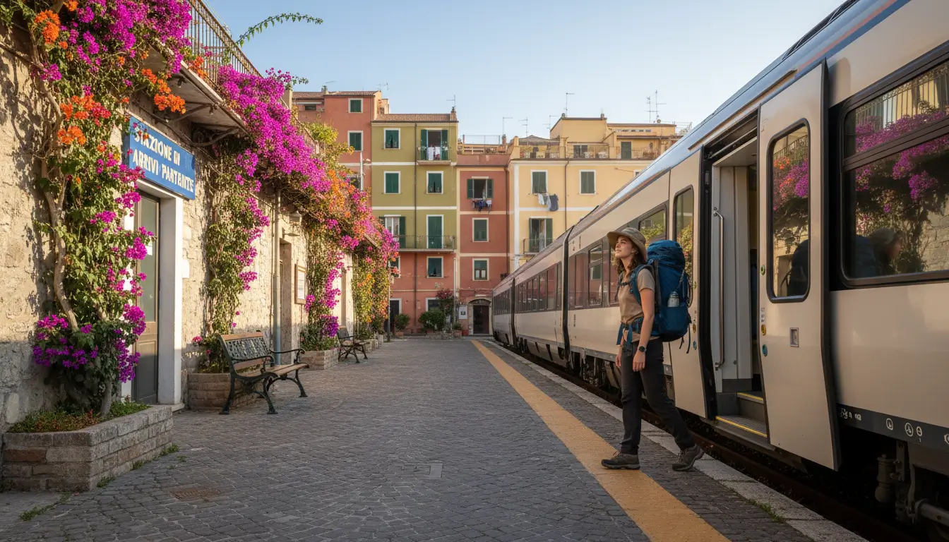 Een reiziger met een rugzak die van een trein stapt.