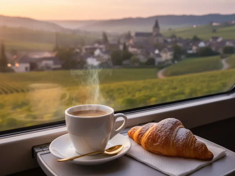 Een close-up van een kop vers gezette koffie en een croissant op een klein uitklaptafeltje.