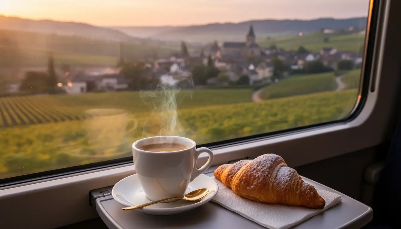 Een close-up van een kop vers gezette koffie en een croissant op een klein uitklaptafeltje.