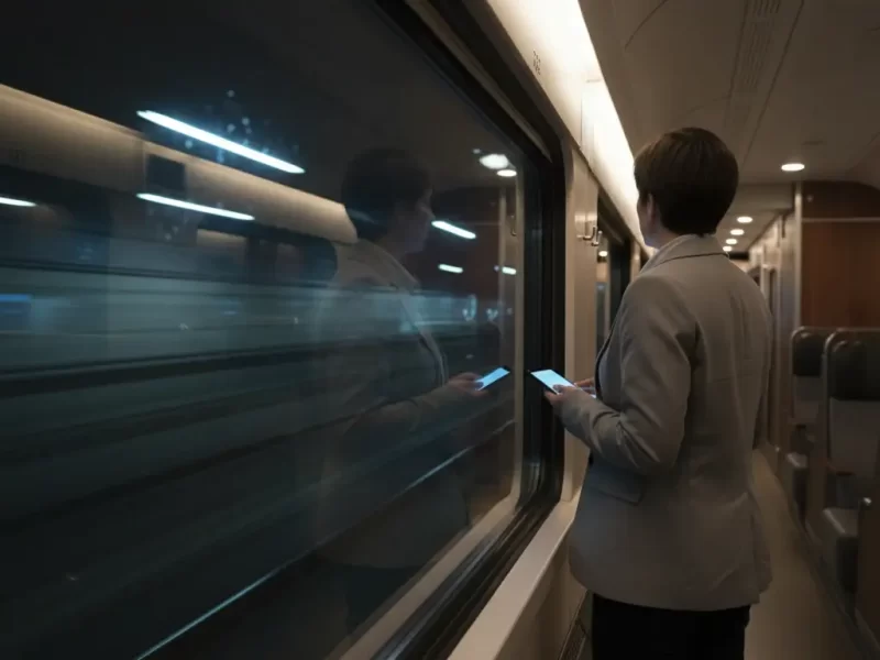 Een persoon kijkt uit een raam in de gang van een nachttrein. Hun rug is naar de kijker gericht, wat nieuwsgierigheid en anticipatie toont.
