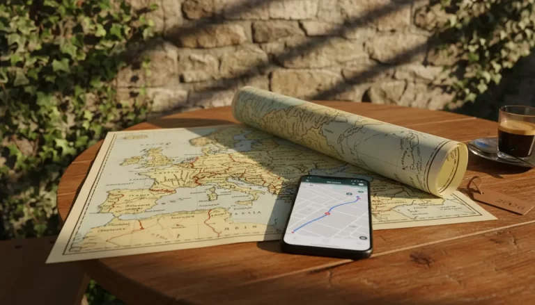 Een half opgerolde papieren kaart van Europa ligt naast een open smartphone die dezelfde regio op een navigatie-app toont