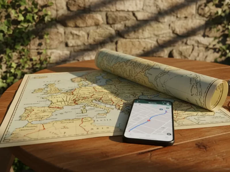 Een half opgerolde papieren kaart van Europa ligt naast een open smartphone die dezelfde regio op een navigatie-app toont
