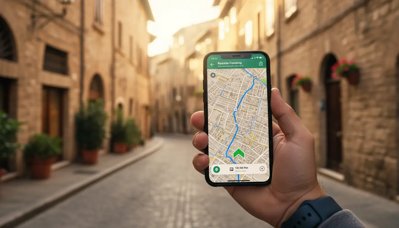 Een close-up van een smartphone met een heldere route-app op het scherm
