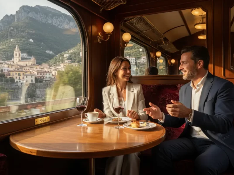 Twee reizigers in gesprek bij een tafel in een restauratiewagon.