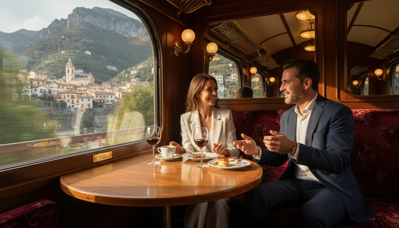 Twee reizigers in gesprek bij een tafel in een restauratiewagon.