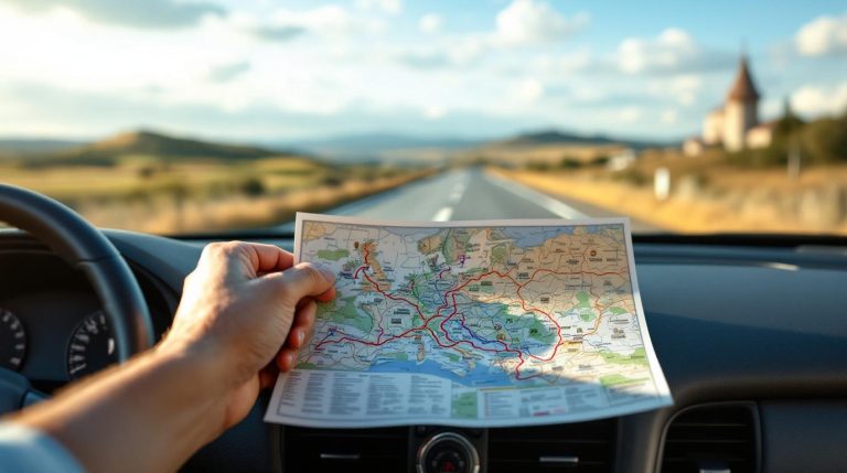 Een close-up van een hand die wijst naar een specifieke route of bezienswaardigheid op een gevouwen, moderne Europese wegenkaart. De kaart ligt uitgespreid op het dashboard van een auto.