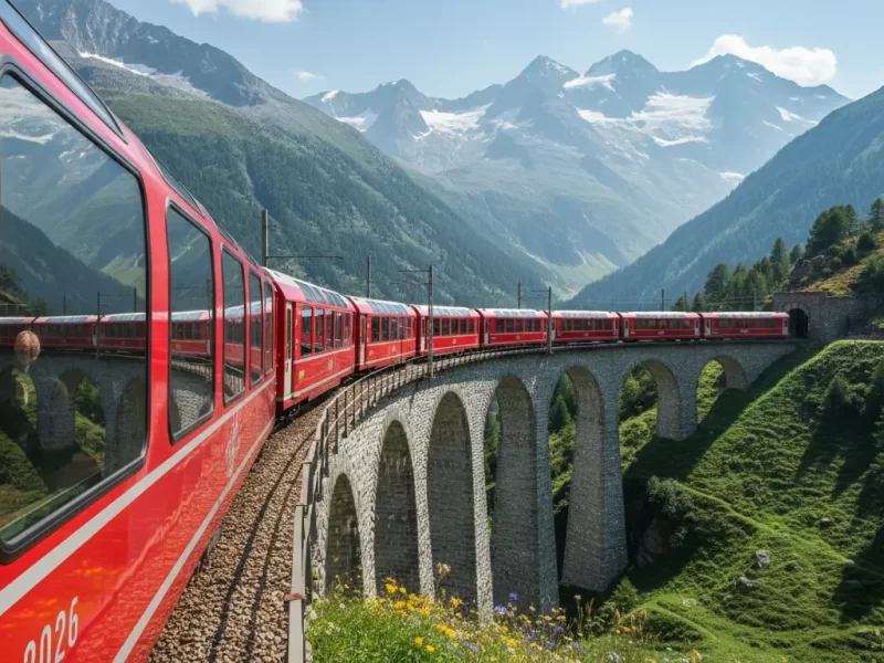 Een iconische, felrode panoramatrein (bijv. Glacier Express-stijl)