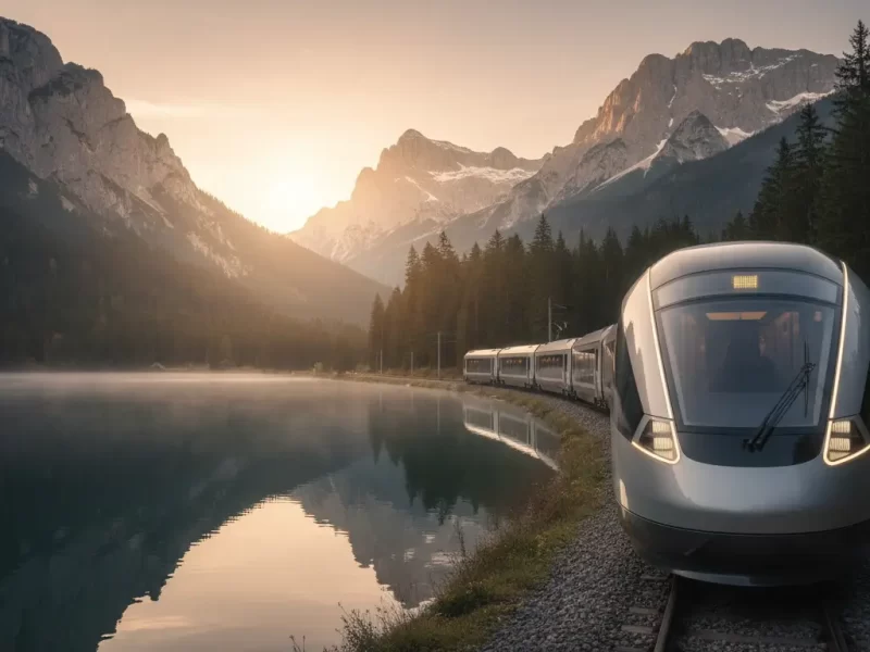 De voorkant van een gestroomlijnde, moderne panoramatrein