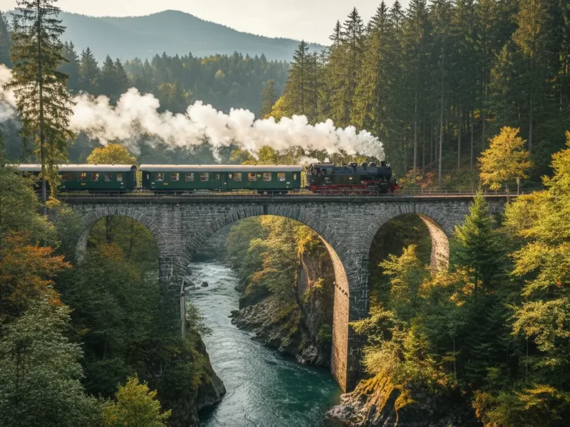Een klassieke passagierstrein, van een iets ouder model, die een eeuwenoude stenen spoorbrug oversteekt.